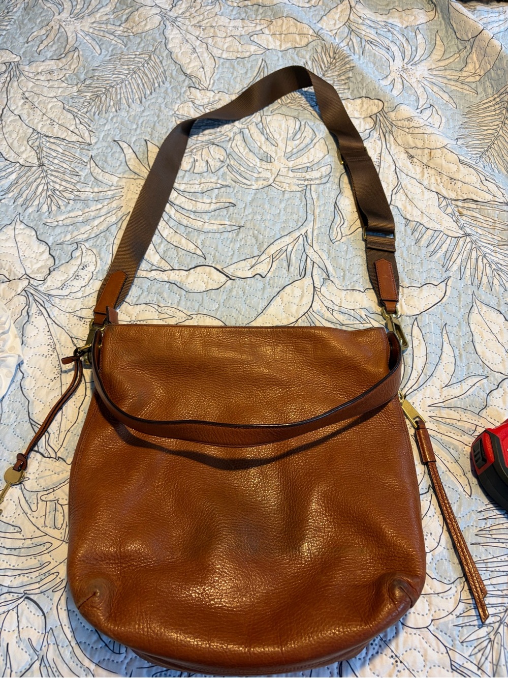 Fossil Cognac Brown Pebbled Leather Shoulder Bag